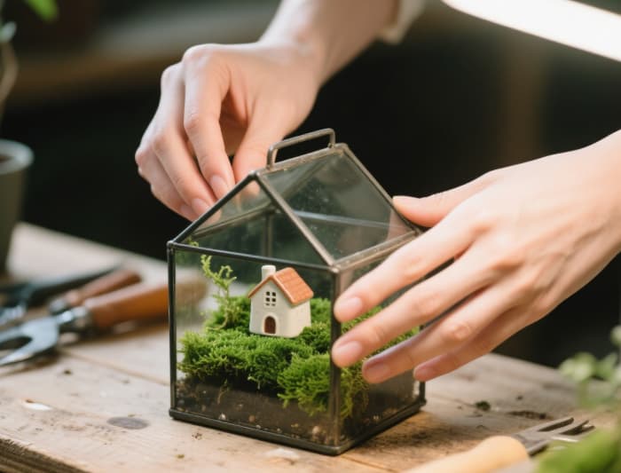 Hands building a miniature terrarium from a kit, unique creative gardening gift for girlfriend