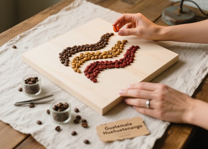 Hands creating art using different colored coffee beans on canvas