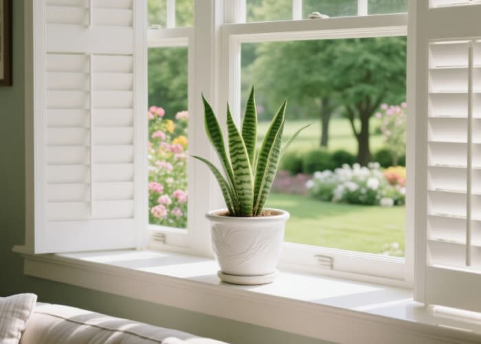Healthy green snake plant in a white ceramic pot on a bright windowsill