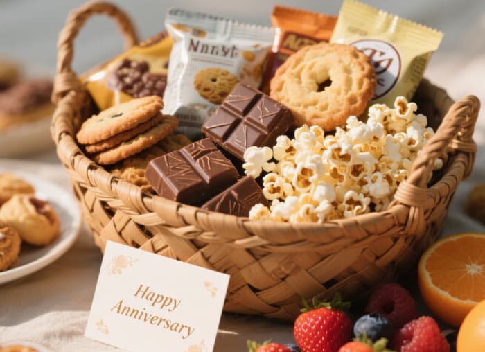 Last minute thoughtful anniversary gift basket gourmet snacks and favorite treats for her