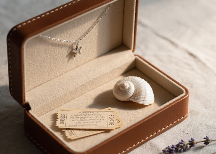 Minimal brown leather memory keepsake box open with sentimental items inside