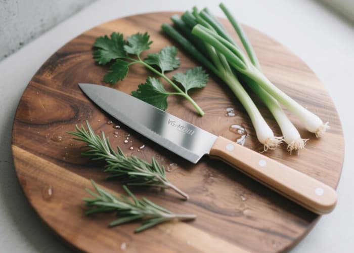 Minimalist Japanese pettysantoku knife on wood cutting board with fresh herbs