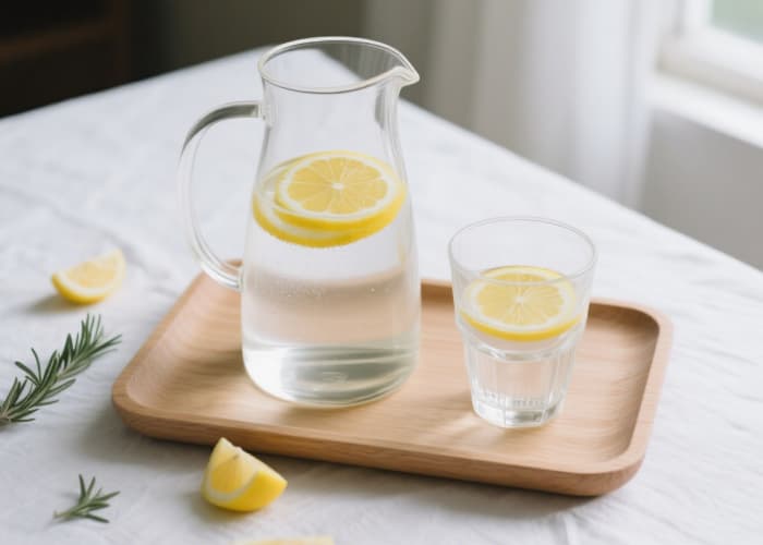 Minimalist clear glass water carafe and drinking glass set with lemon slices, elegant hydration gift