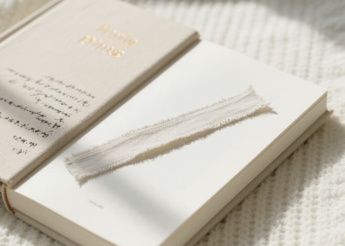 Minimalist gift curated book on mindfulness with linen bookmark resting on pages