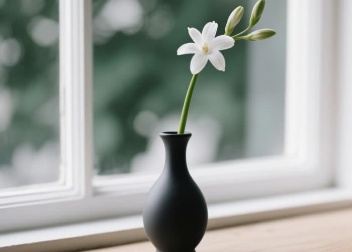 Minimalist matte black ceramic single stem vase with white flower on sill