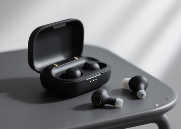Minimalist wireless noise cancelling earbuds in open charging case