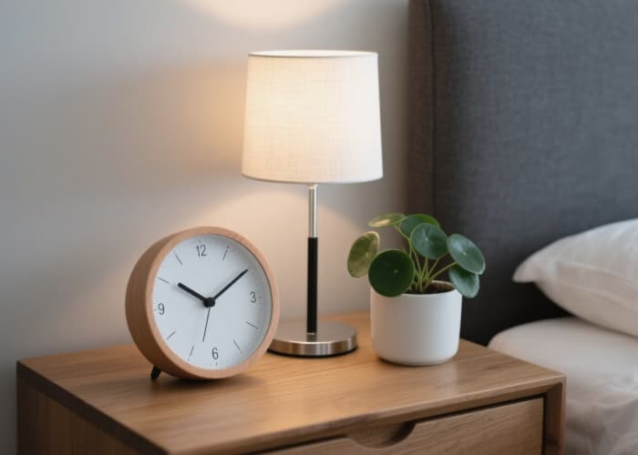 Minimalist wood analog alarm clock on nightstand beside small plant