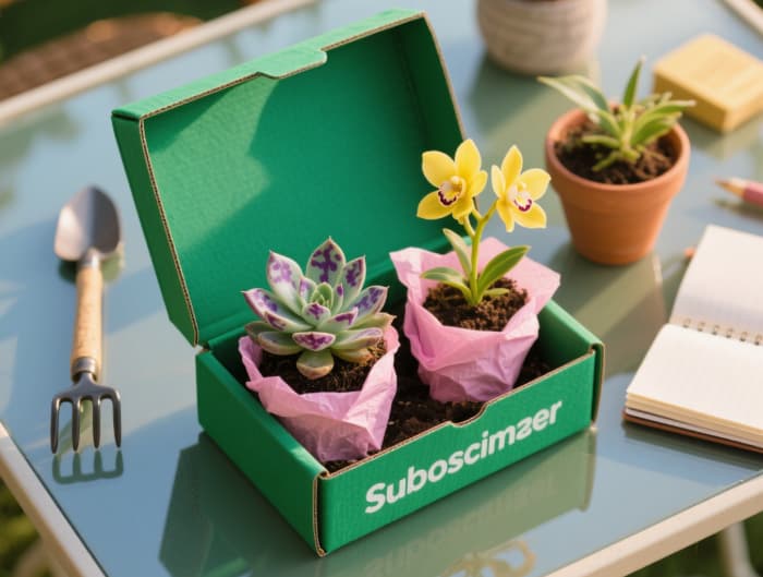 Monthly succulent subscription box opened, showing unique small plants delivered as a gardening gift for plant lover
