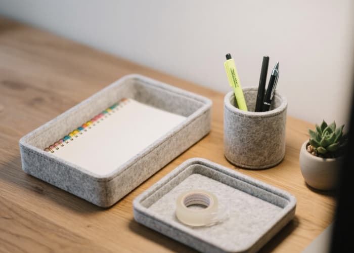 Neutral minimalist felt desk organizer set holding stationery on wooden desk