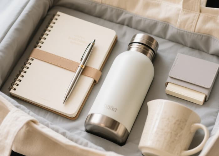 New job essentials gift kit for her stylish water bottle, notebook, pens, coffee