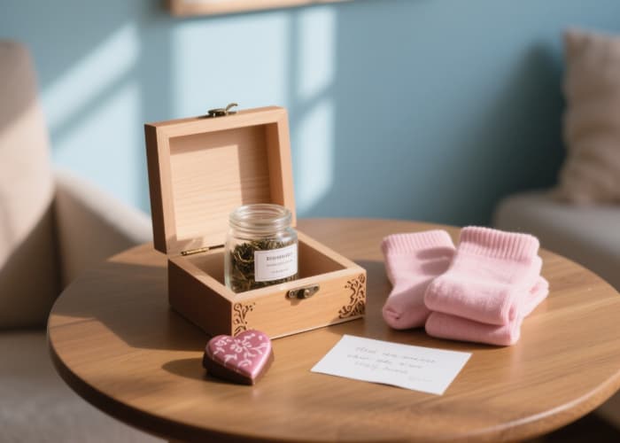 Open care package box showing favorite tea, chocolate, socks, and handwritten note
