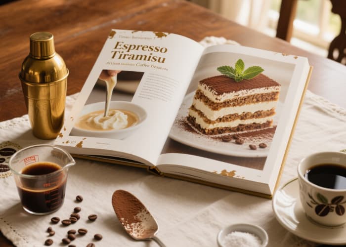 Open coffee recipe book showcasing creative coffee cocktails and desserts