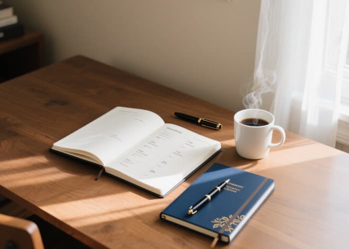 Open undated task management planner book with pen on a wooden desk