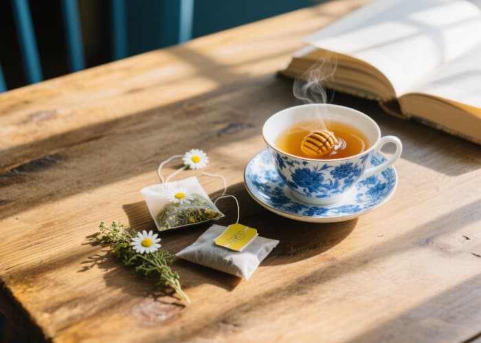 Overhead view of calming chamomile and lemon balm herbal tea bags next to a steaming cup with honey
