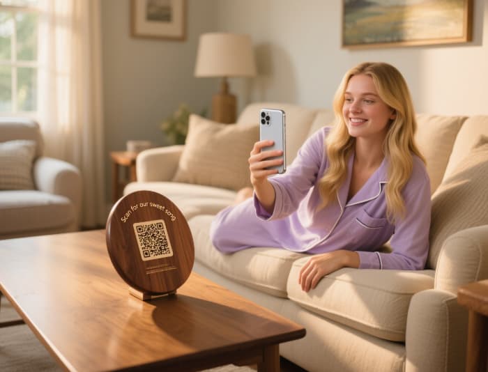 Personalized Spotify song code plaque gift being scanned by phone