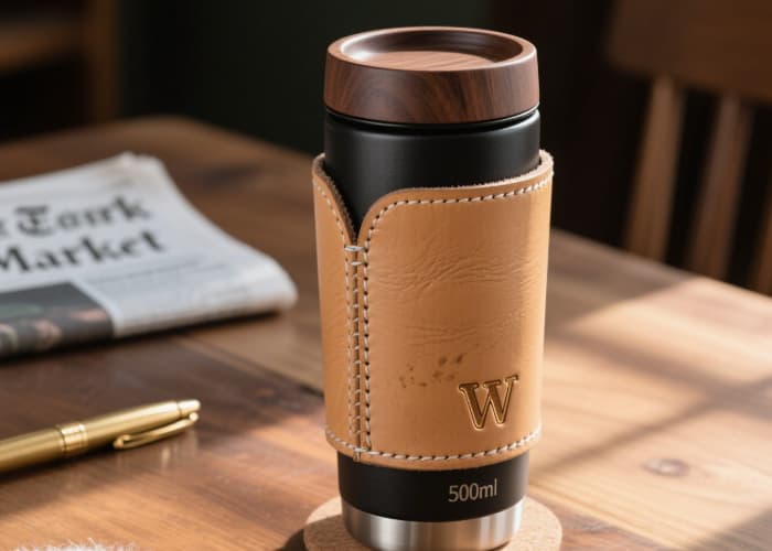 Personalized genuine leather sleeve with embossing for a travel coffee mug