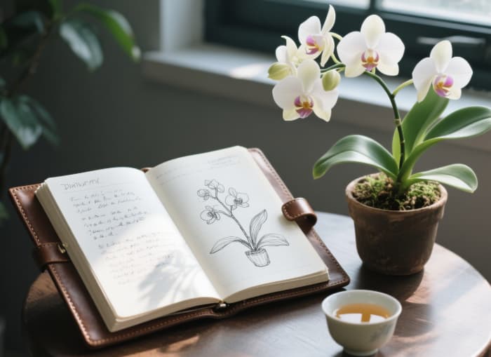 Personalized plant care journal open with notes beside a houseplant, gardening gift for organized plant mom