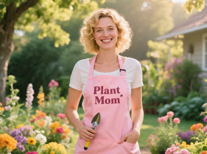 Plant mom girlfriend smiling while wearing practical gardening apron with deep pockets, holding tools