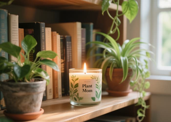 Plant mom scented candle burning amidst indoor plants, relaxing gardening gift for girlfriend