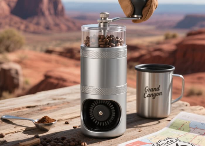Portable manual hand-crank coffee grinder with ceramic burrs for fresh coffee anywhere