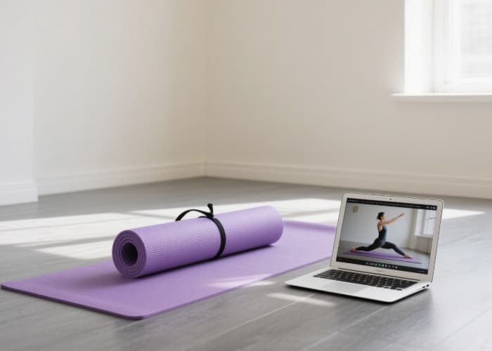 Purple rolled yoga mat and strap beside laptop displaying online gentle yoga class