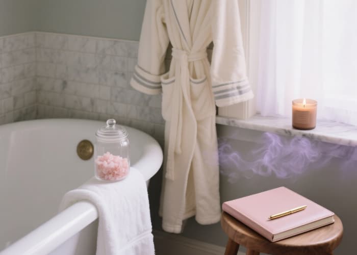 Relaxation gift set for her after work bath salts, cozy robe, scented candle, journal