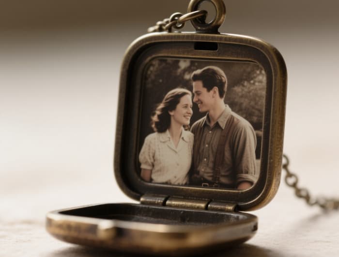 Romantic vintage locket gift open, revealing tiny couple photo