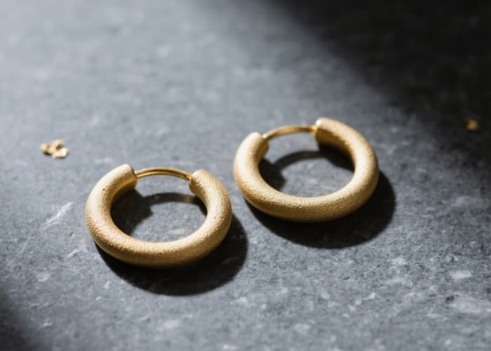 Simple minimalist solid gold hoop earring on dark stone background