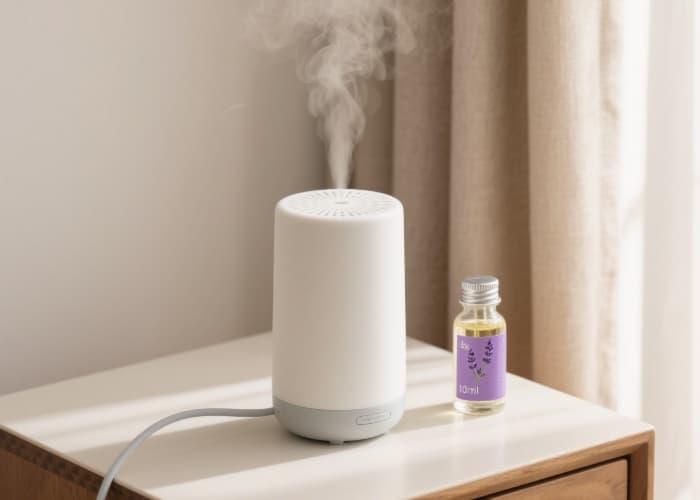 Simple white ceramic essential oil diffuser emitting mist on wooden side table