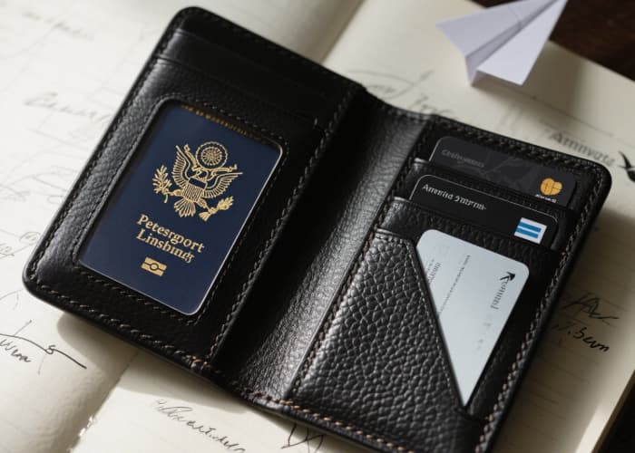 Slim minimalist leather passport holder wallet open showing card slots