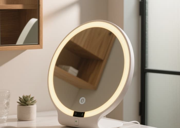 Slim minimalist rechargeable LED makeup mirror with adjustable light on bathroom vanity