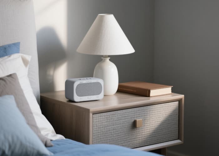 Small white noise sound machine on a wooden nightstand for masking disruptive noises and promoting sleep