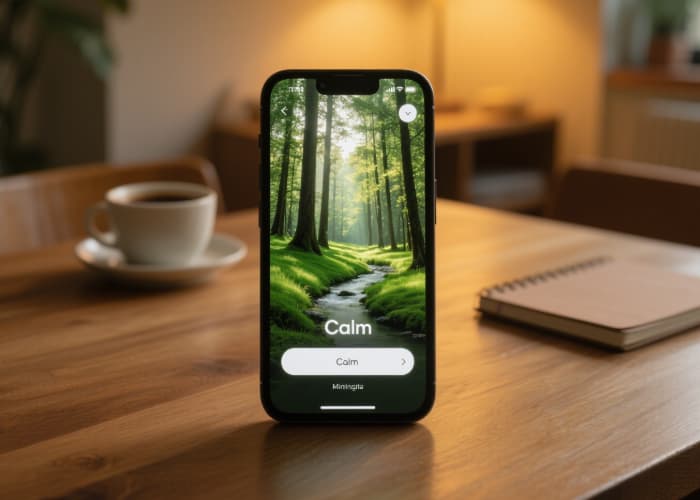 Smartphone displaying a serene forest scene on the Calm meditation app interface