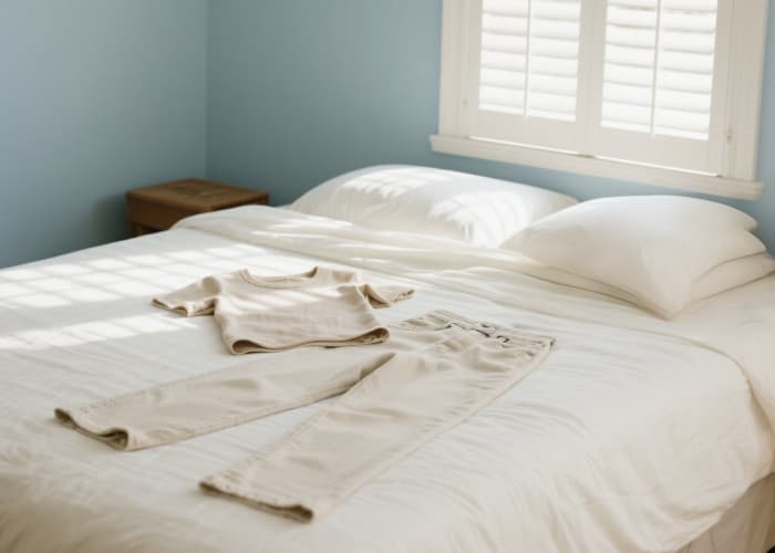 Soft, folded organic oatmeal cotton women's lounge set for comfortable anxiety relief
