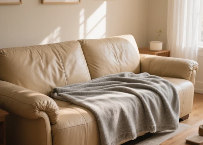 Soft grey weighted blanket providing deep pressure therapy for anxiety relief on a comfortable couch