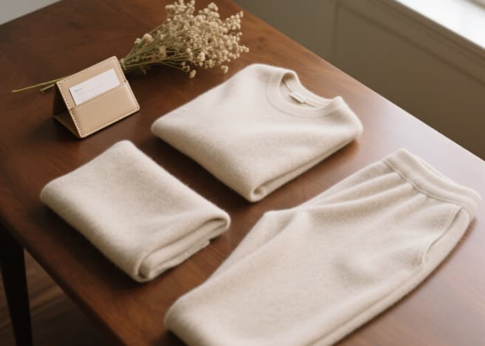 Soft oatmeal lightweight cashmere lounge set for women folded neatly, minimalist comfort gift