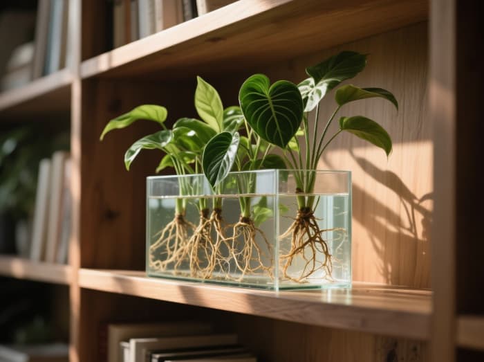Stylish self-watering glass propagation station with thriving plant cuttings, gardening gift for plant mom