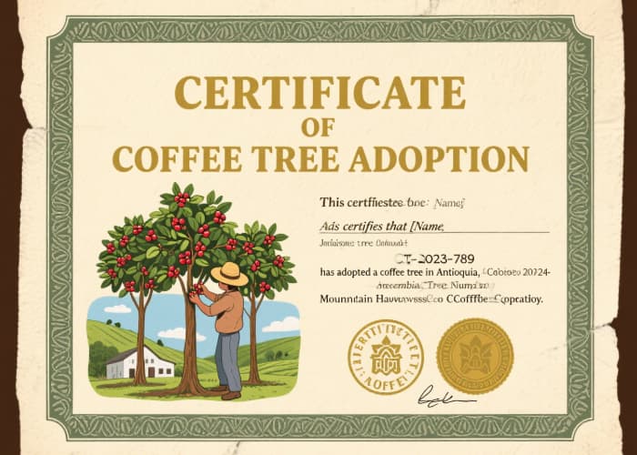 Symbolic certificate representing adoption of a coffee tree to support a farming community