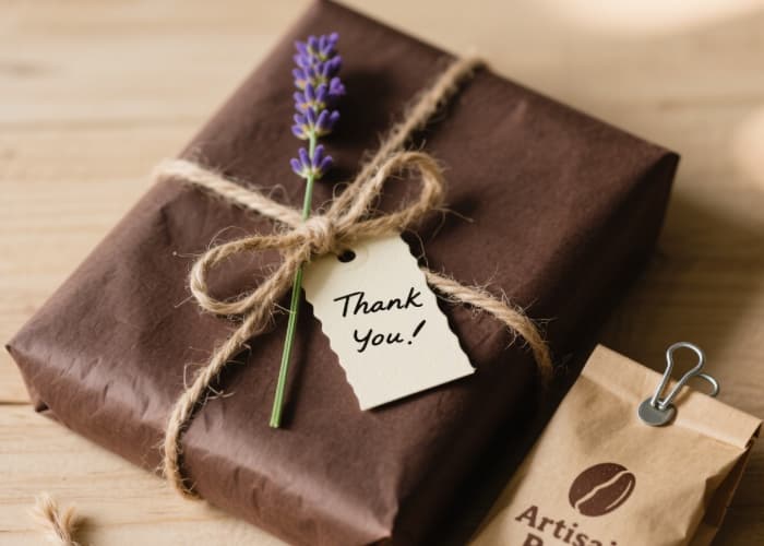 Thoughtfully wrapped unique coffee gift with handwritten note and natural twine decoration