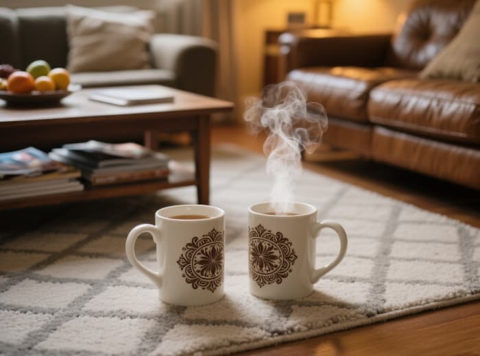 Two engraved mugs resting near a cozy living room rug, steam gently rising