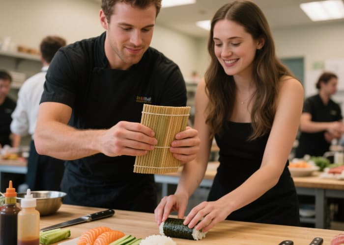 Two pairs of hands (yours and hers) collaboratively preparing food (e.g., rolling sushi, shaping pasta) in a class setting