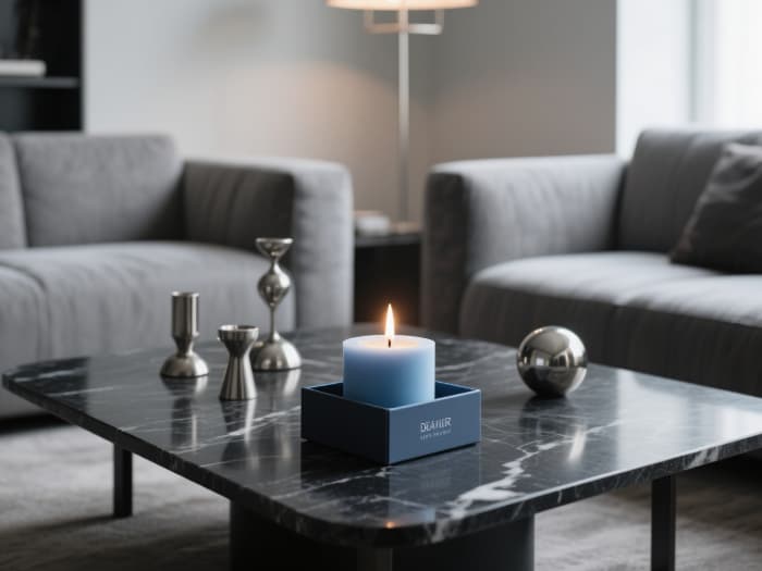 Unique scented soy candle gift lit, creating warm ambiance