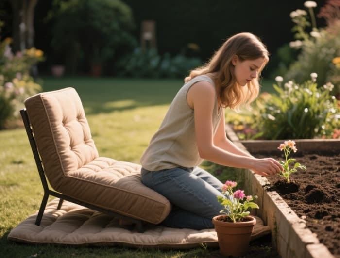 Versatile garden kneeler seat in use (kneeling and sitting positions), comfortable gardening gift for girlfriend
