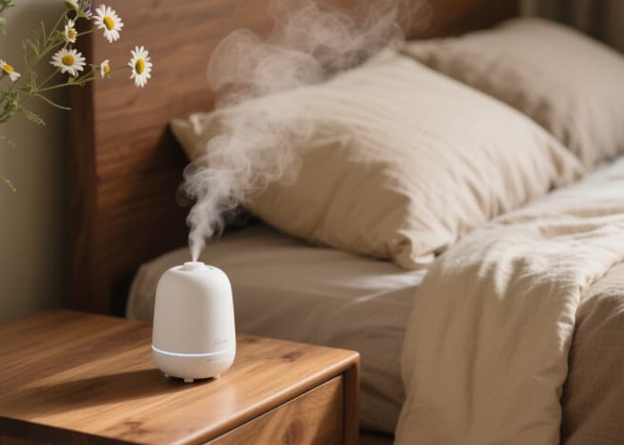White ultrasonic essential oil diffuser releasing a calming mist with lavender and chamomile oils on a wooden nightstand