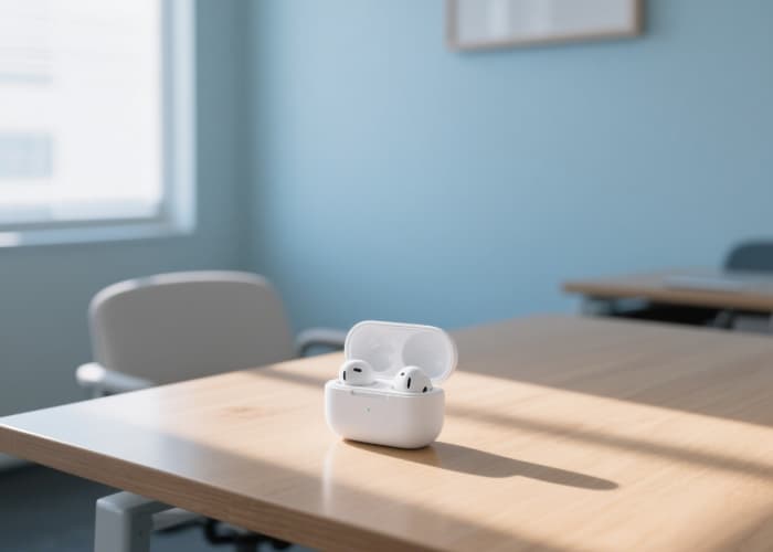 White wireless noise cancelling earbuds in charging case on a desk