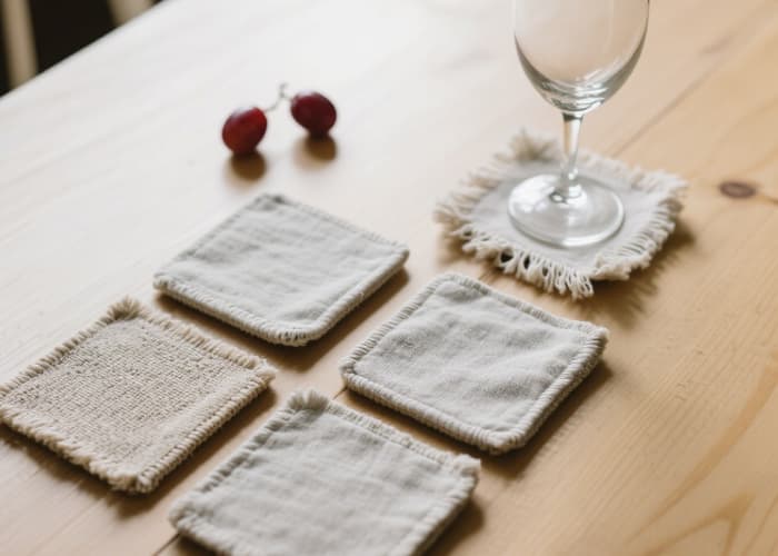 A set of 4 coasters, arranged neatly, with a wine glass resting on one
