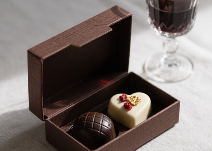 An opened small box revealing 2-3 exquisitely crafted chocolates, placed near a wine glass