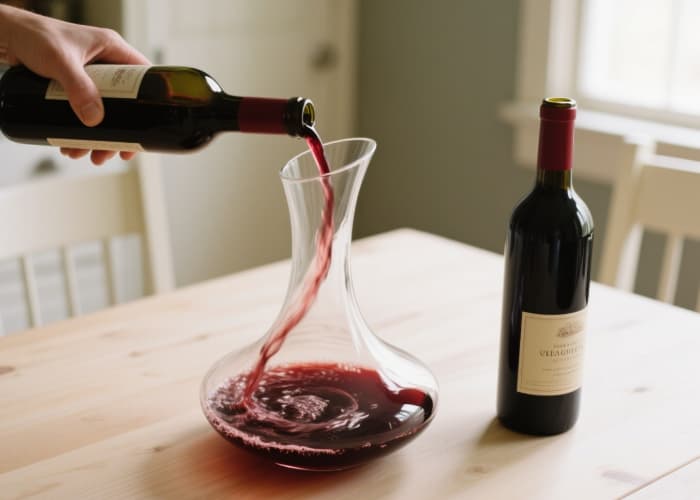 Show the aerator in action – a stream of wine flowing smoothly from bottle to glass, maybe beside an open bottle of a deep red