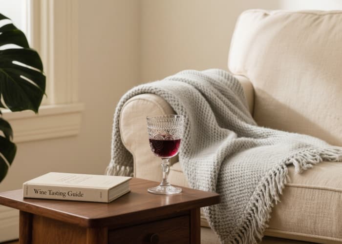 The blanket draped invitingly over the corner of a sofa or armchair, with a single wine glass and a book placed nearby