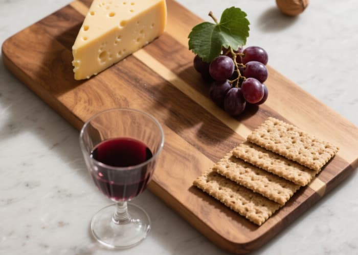 The board styled with a small wedge of cheese, a cluster of grapes, maybe a few crackers, and a glass of red wine – simple and inviting